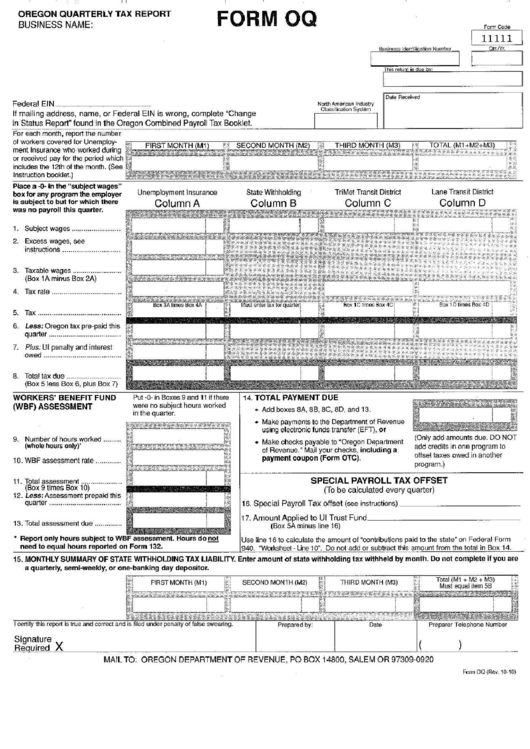 Oregon Quarterly Tax Report Form Oq Instructions